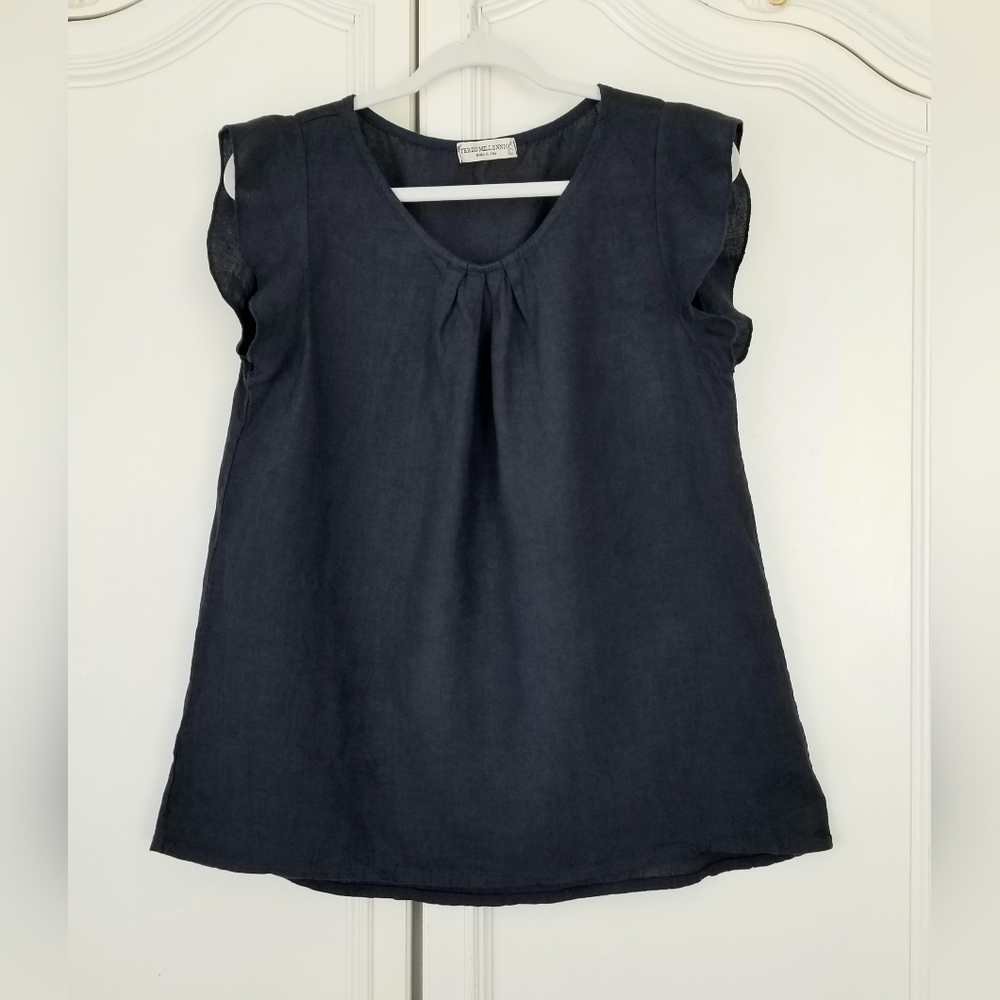 Terzo Millennio Blue Linen Flutter Sleeve Pullover Top Large Made In Italy